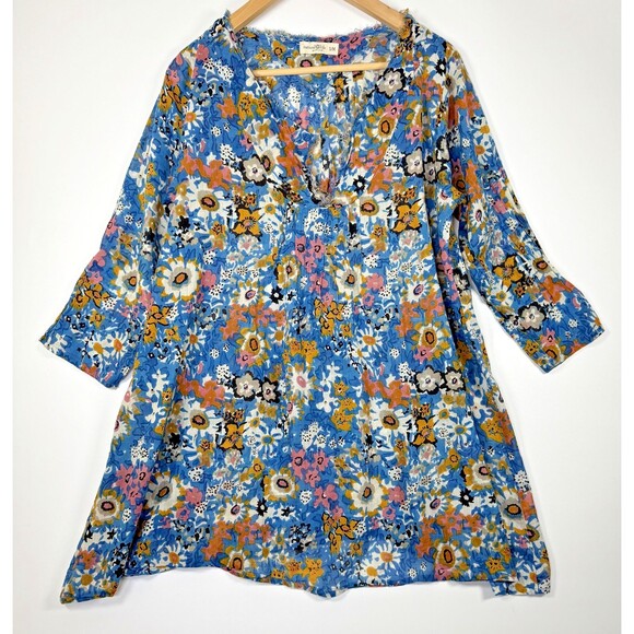 Natural Life Shirt Womens S/M Blue Floral Boho Tunic Peasant V-Neck 3/4 Sleeve - Picture 1 of 12